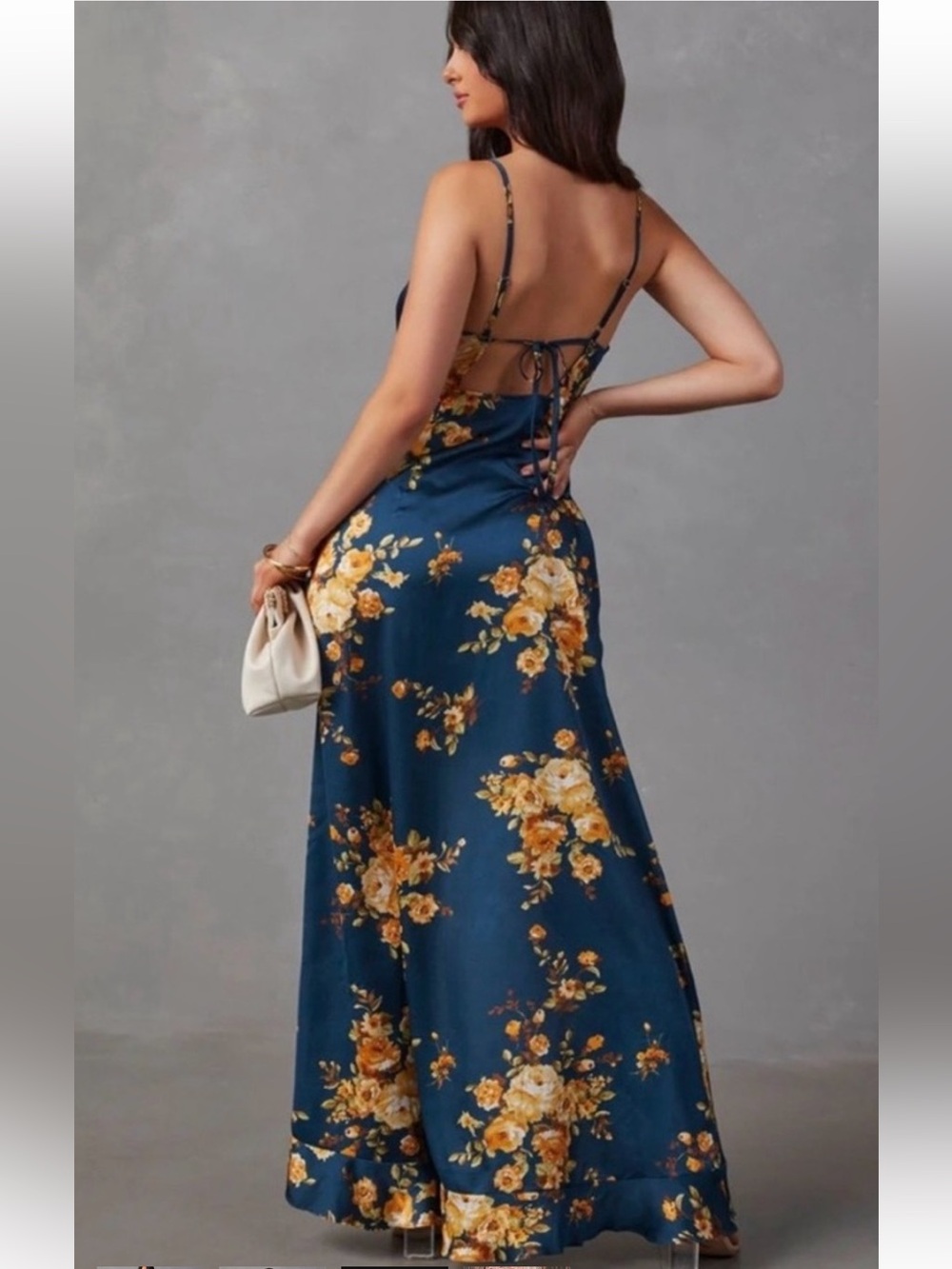 Vici Dolls Floral Satin Ruffle Halter Maxi Dress Navy Blue Flowing S Faux Wrap - Picture 5 of 16